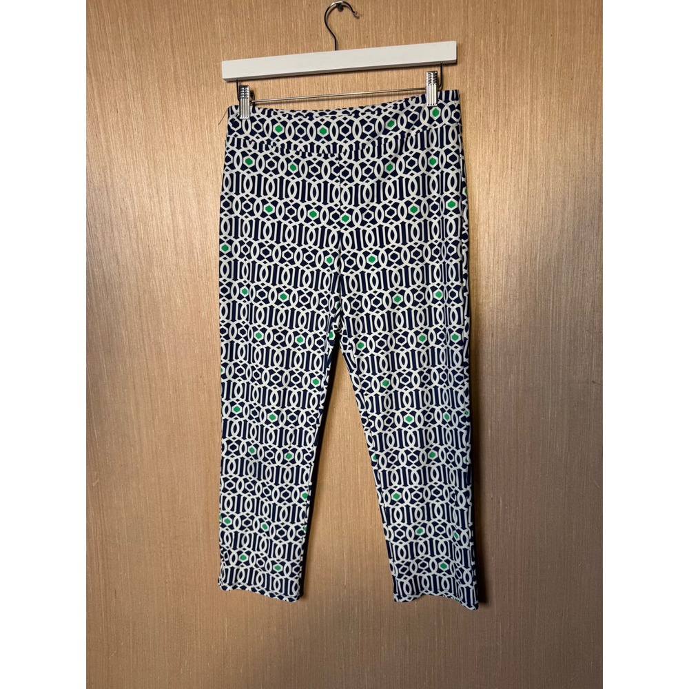 Jude Connally Womens Navy Blue White Geometric Print Ankle Pants Style 205 Small